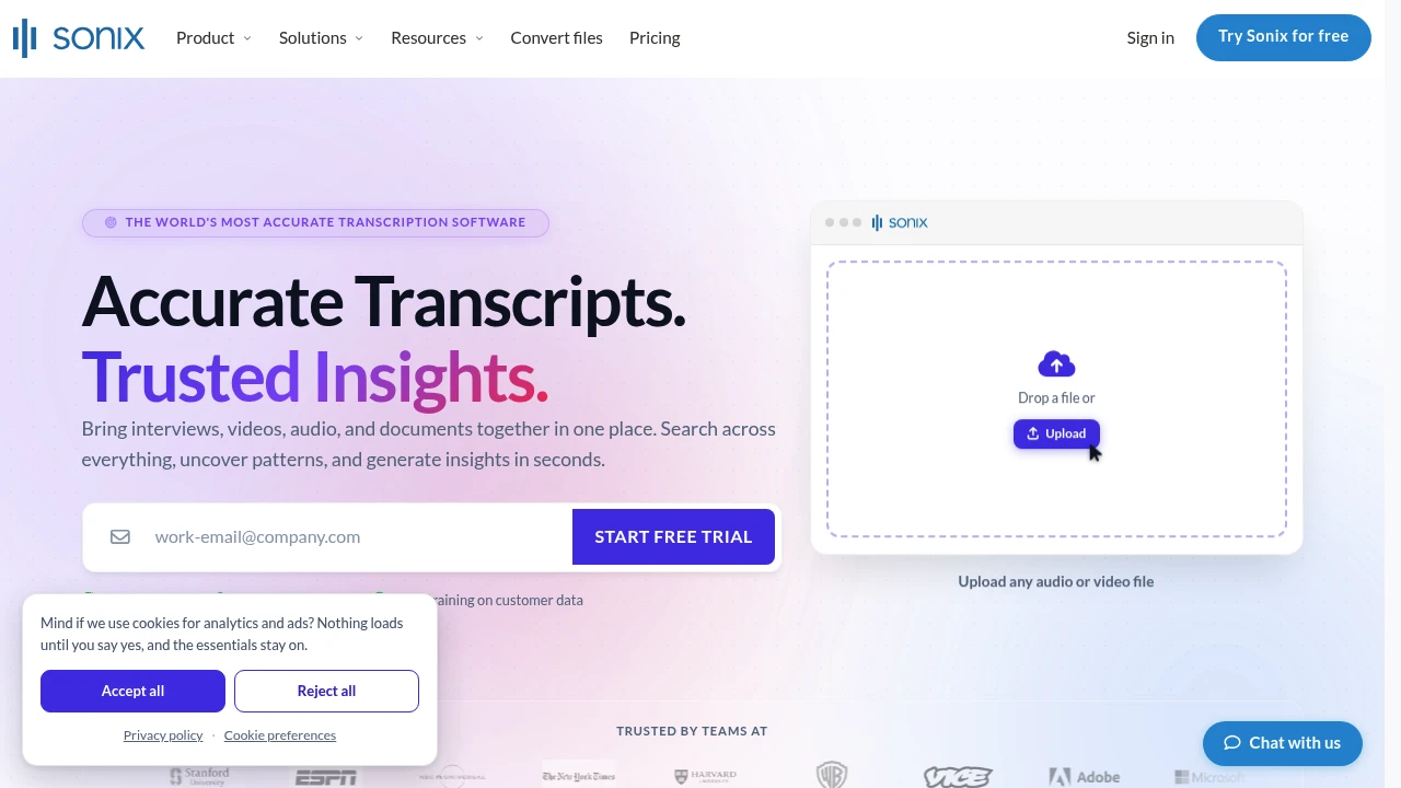 Screenshot of Sonix website