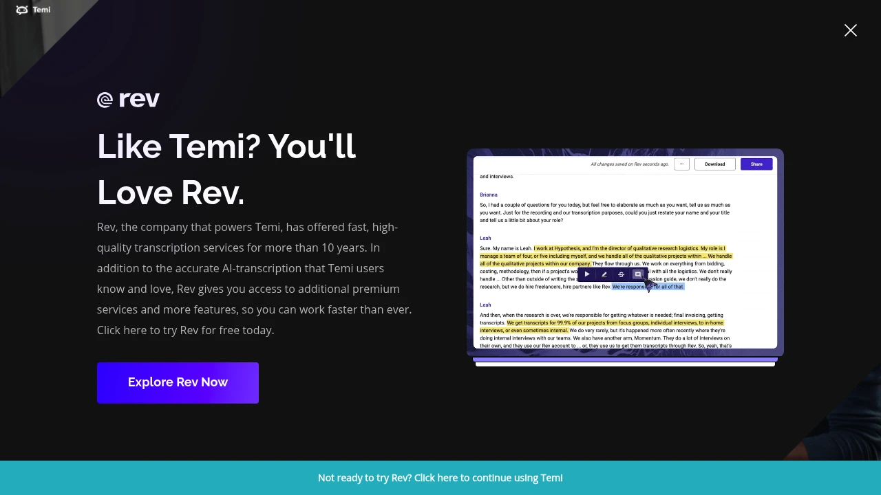 Screenshot of Temi website