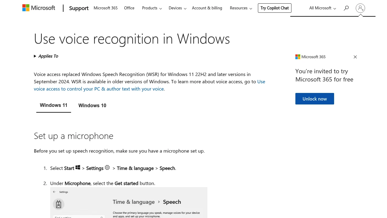 Screenshot of Windows Speech Recognition website
